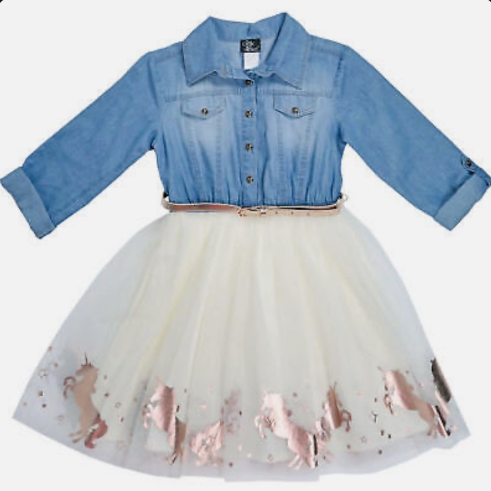 Pink & Violet Denim & Ivory Unicorn 🦄 Dress With Belt